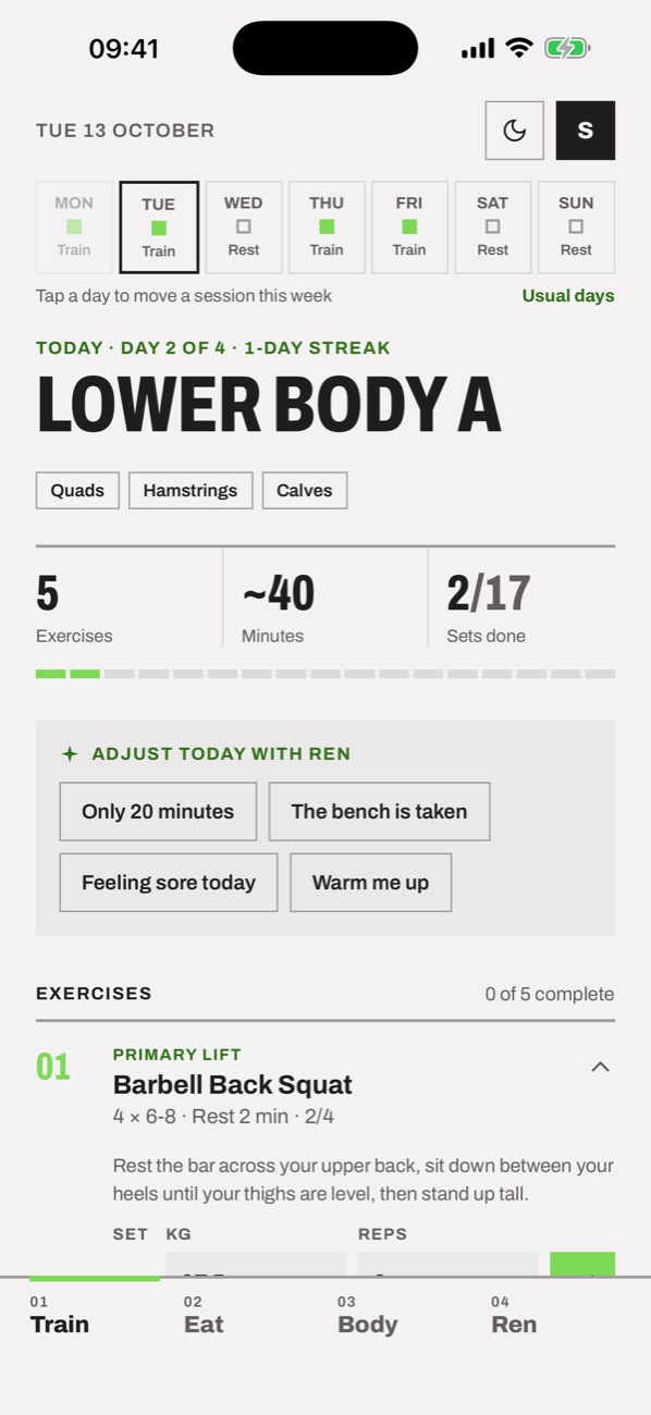 Ren's Train tab: the week's training and rest days and today's Lower Body A session