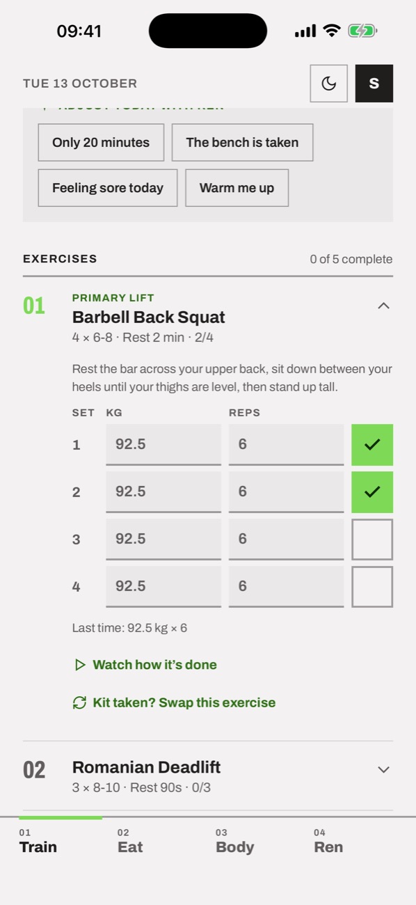 Today's squat sets being logged, with last time's weight shown