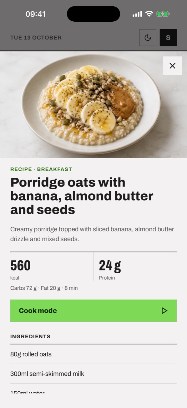 Recipe for porridge oats with banana, almond butter and seeds, with a cook mode button