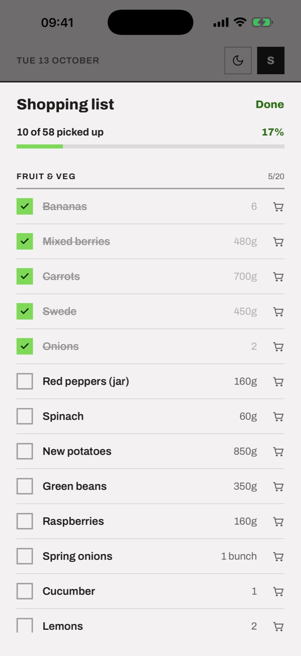 Shopping list: 10 of 58 items picked up, each with a basket button to find it at the supermarket
