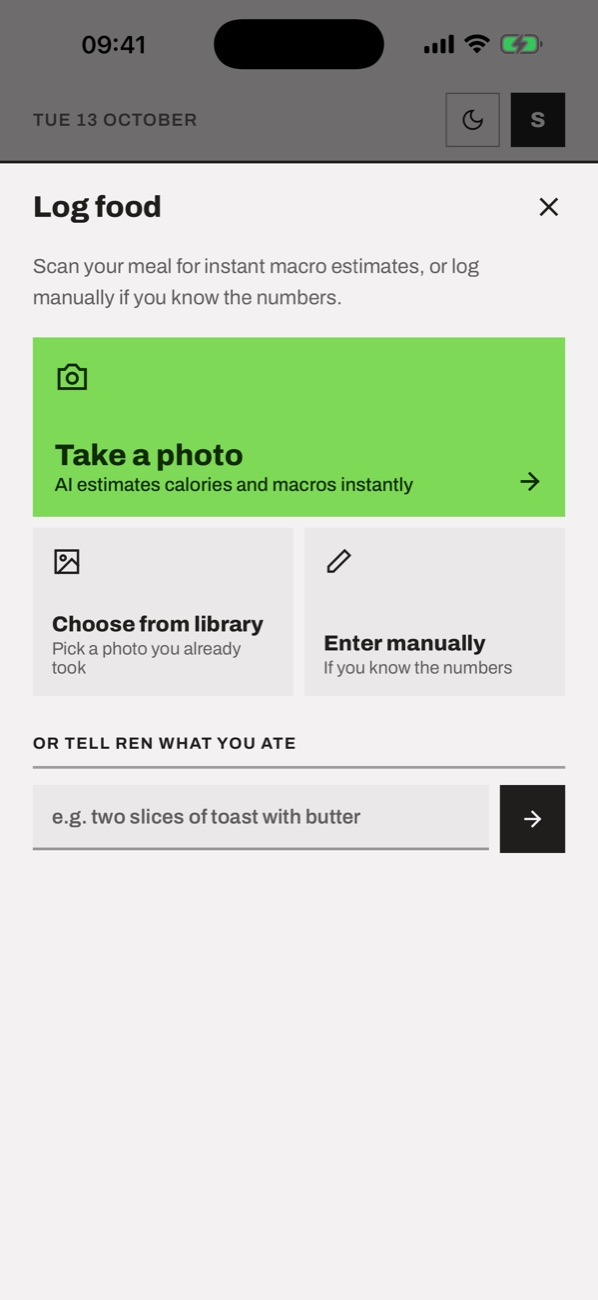 Log food: take a photo, choose from library, enter manually or tell Ren what you ate