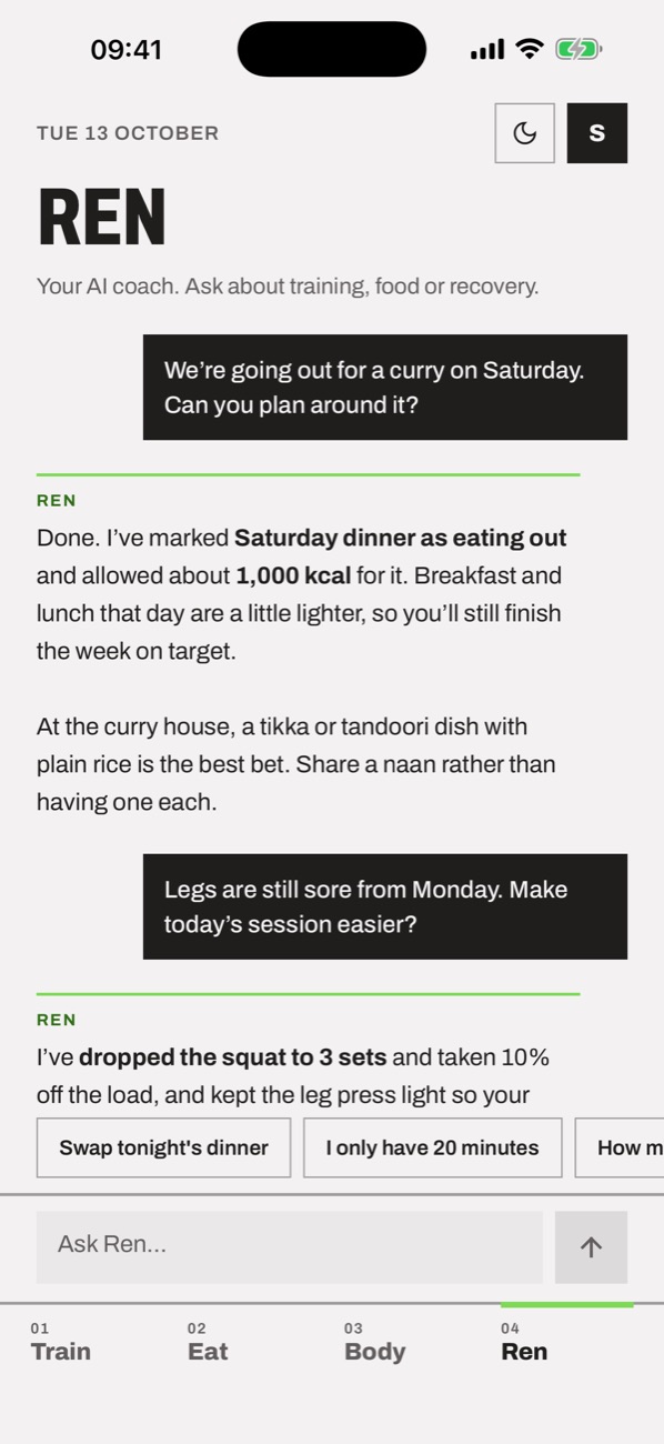 Chat with Ren planning a Saturday curry into the week and easing a sore-legs session