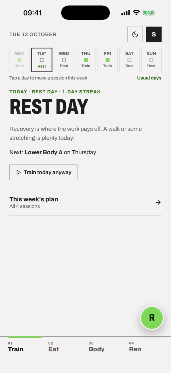 A rest day in the week strip, with the next session shown
